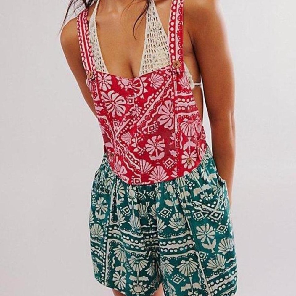 Free People Palm Bay Printed Shortalls Romper Size XS 100% Cotton